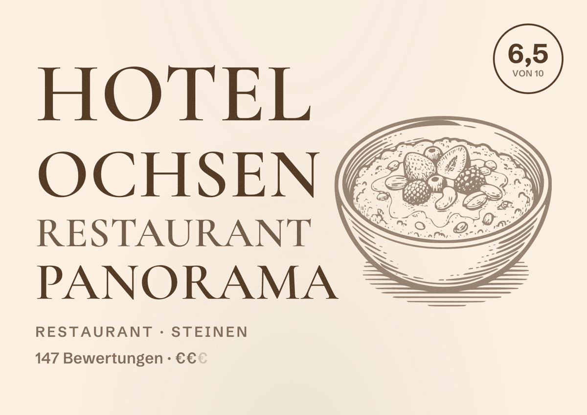 Illustriertes Poster von Hotel Ochsen Restaurant Panorama, Restaurant in Steinen: Bewertung 6,5 von 10 aus 147 Bewertungen, Preisniveau €€