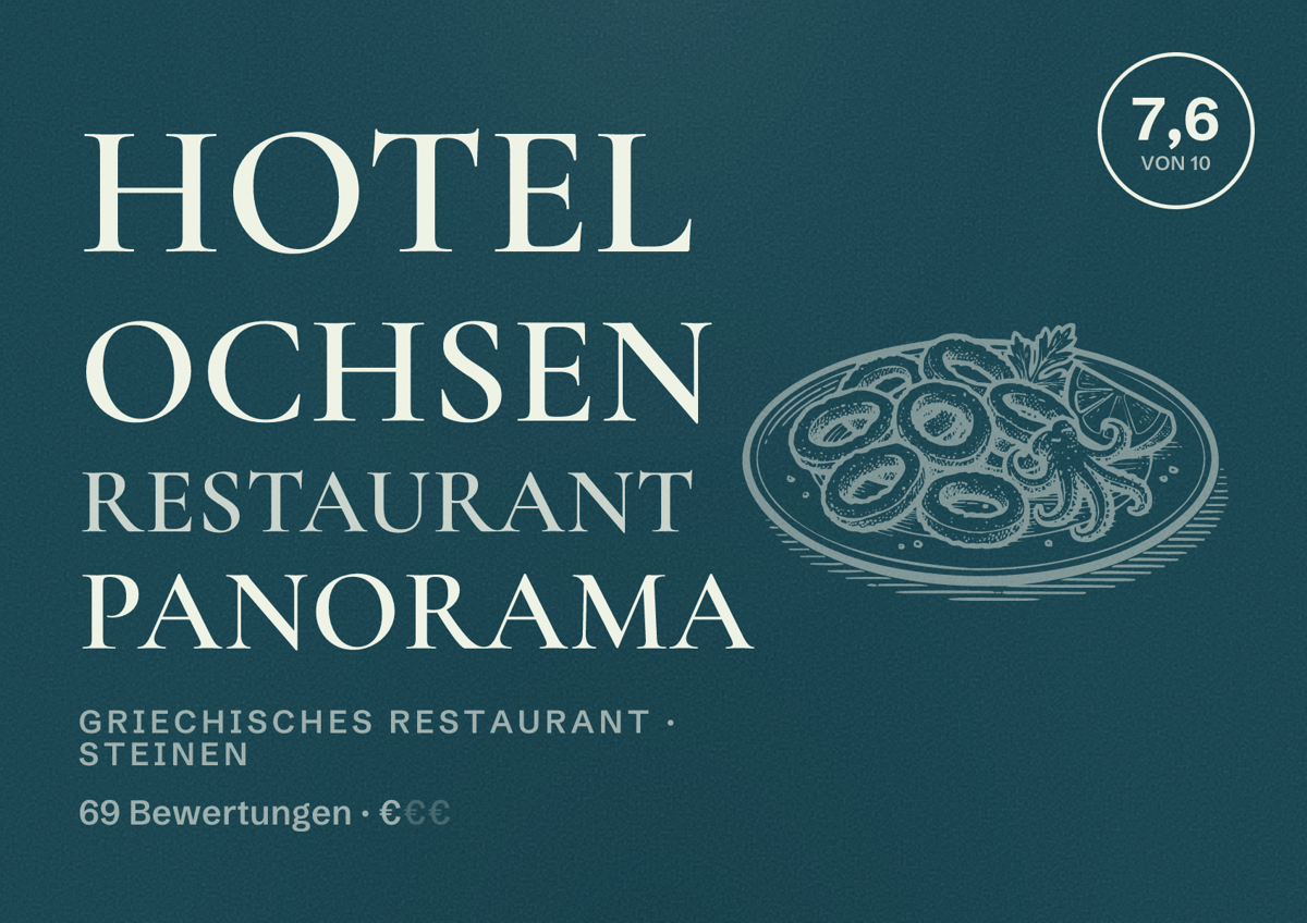 Illustriertes Poster von Hotel Ochsen Restaurant Panorama, Griechisches Restaurant in Steinen: Bewertung 7,6 von 10 aus 69 Bewertungen, Preisniveau €