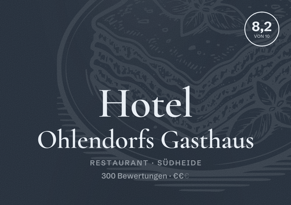Illustriertes Poster von Hotel Ohlendorfs Gasthaus, Restaurant in Südheide: Bewertung 8,2 von 10 aus 300 Bewertungen, Preisniveau €€