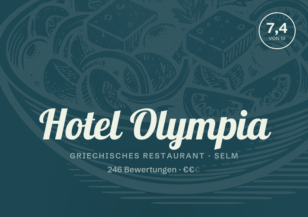 Illustriertes Poster von Hotel Olympia, Griechisches Restaurant in Selm: Bewertung 7,4 von 10 aus 246 Bewertungen, Preisniveau €€