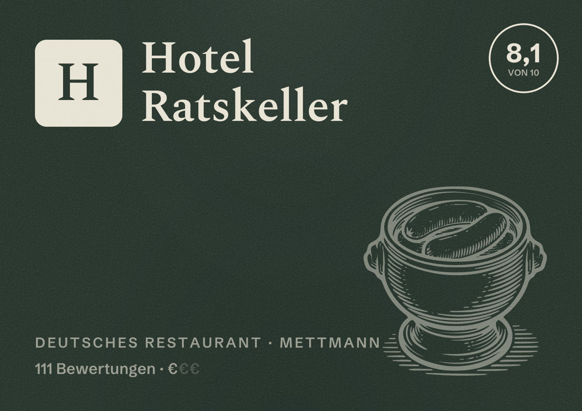 Illustriertes Poster von Hotel Ratskeller, Deutsches Restaurant in Mettmann: Bewertung 8,1 von 10 aus 111 Bewertungen, Preisniveau €
