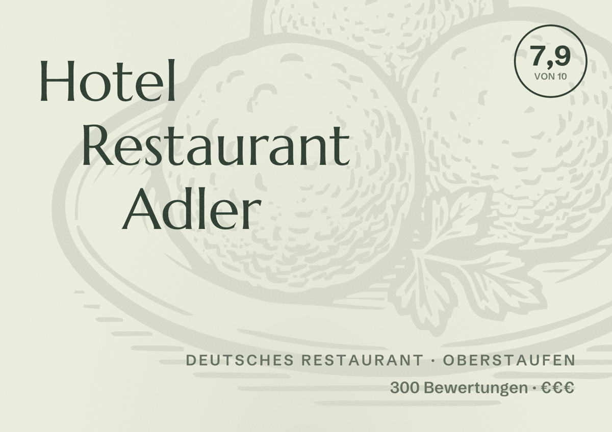 Illustriertes Poster von Hotel Restaurant Adler, Deutsches Restaurant in Oberstaufen: Bewertung 7,9 von 10 aus 300 Bewertungen, Preisniveau €€€
