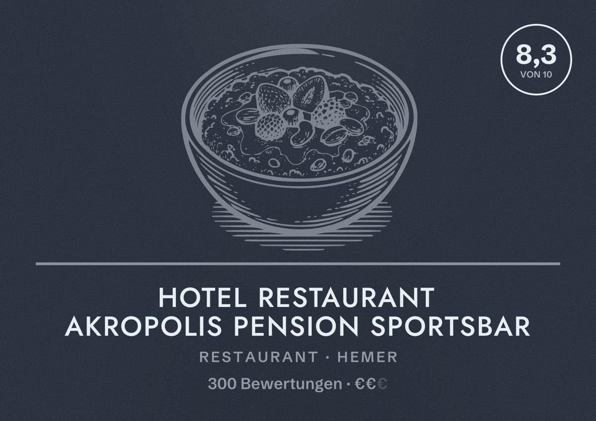 Illustriertes Poster von Hotel Restaurant Akropolis Pension Sportsbar, Restaurant in Hemer: Bewertung 8,3 von 10 aus 300 Bewertungen, Preisniveau €€