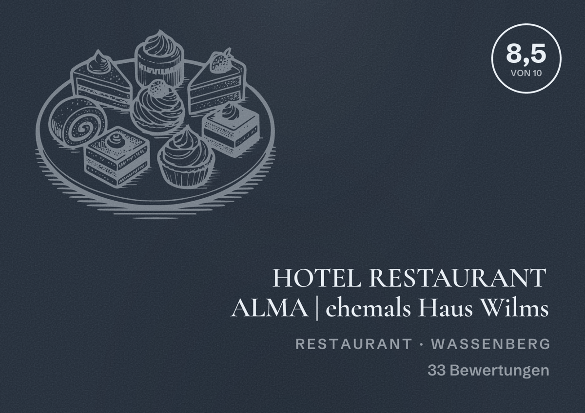 Illustriertes Poster von HOTEL RESTAURANT ALMA | ehemals Haus Wilms, Restaurant in Wassenberg: Bewertung 8,5 von 10 aus 33 Bewertungen