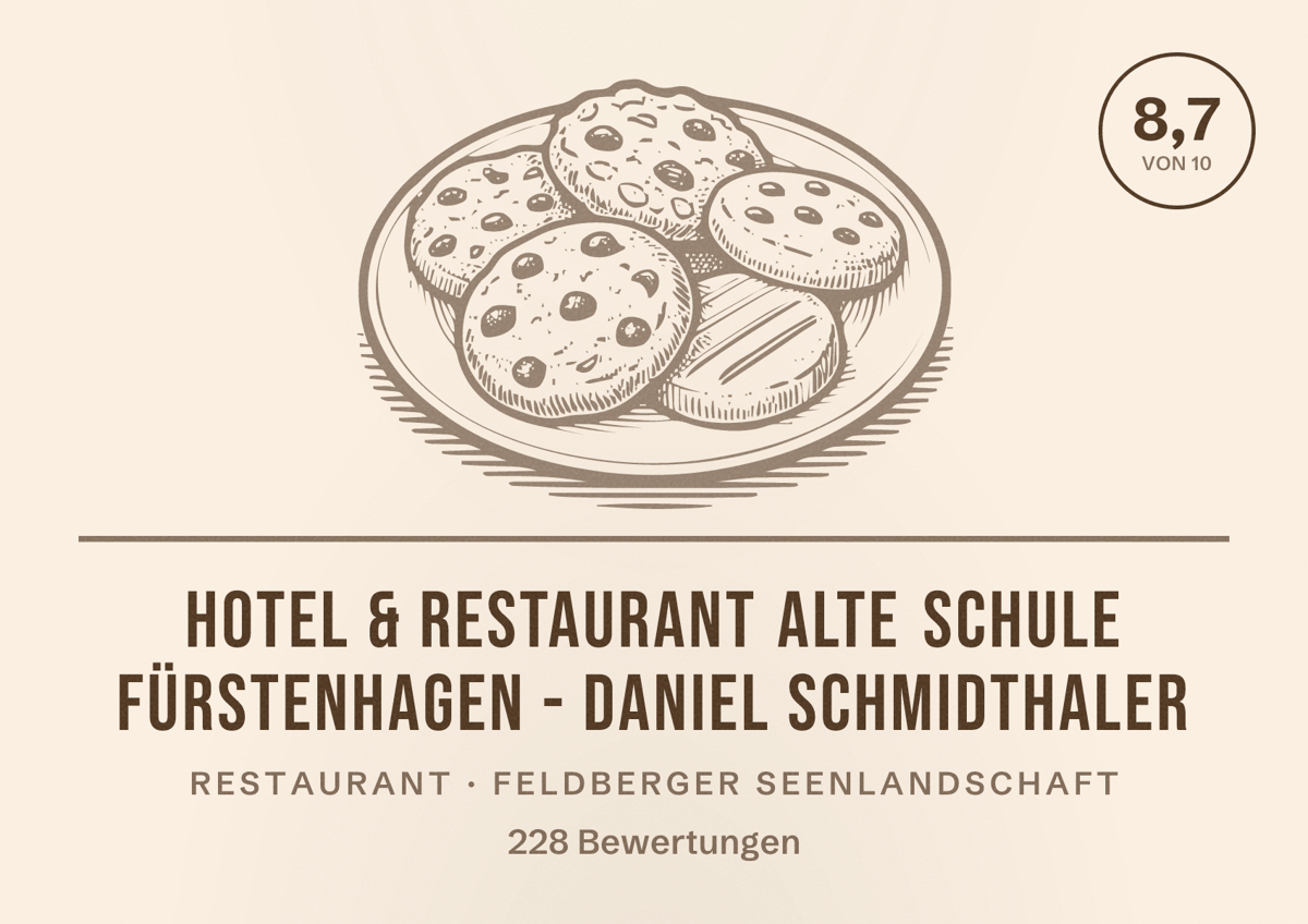 Illustriertes Poster von Hotel & Restaurant Alte Schule Fürstenhagen - Daniel Schmidthaler, Restaurant in Feldberger Seenlandschaft: Bewertung 8,7 von 10 aus 228 Bewertungen