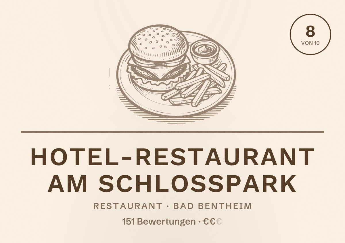 Illustriertes Poster von Hotel-Restaurant Am Schlosspark, Restaurant in Bad Bentheim: Bewertung 8 von 10 aus 151 Bewertungen, Preisniveau €€