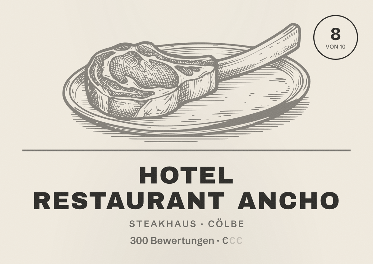 Illustriertes Poster von Hotel Restaurant Ancho, Steakhaus in Cölbe: Bewertung 8 von 10 aus 300 Bewertungen, Preisniveau €