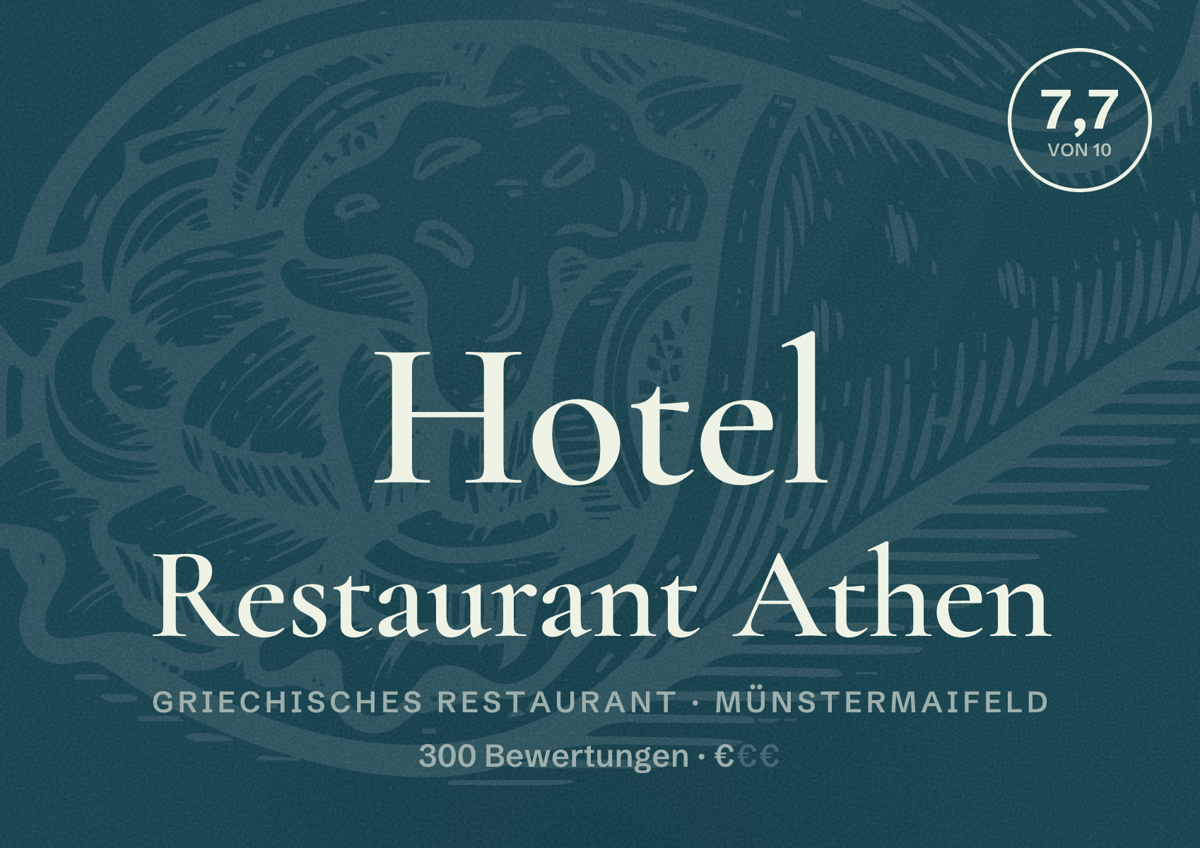 Illustriertes Poster von Hotel Restaurant Athen, Griechisches Restaurant in Münstermaifeld: Bewertung 7,7 von 10 aus 300 Bewertungen, Preisniveau €