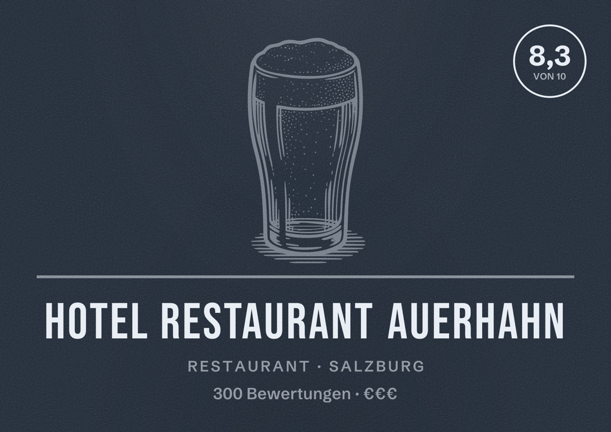 Illustriertes Poster von Hotel Restaurant Auerhahn, Restaurant in Salzburg: Bewertung 8,3 von 10 aus 300 Bewertungen, Preisniveau €€€