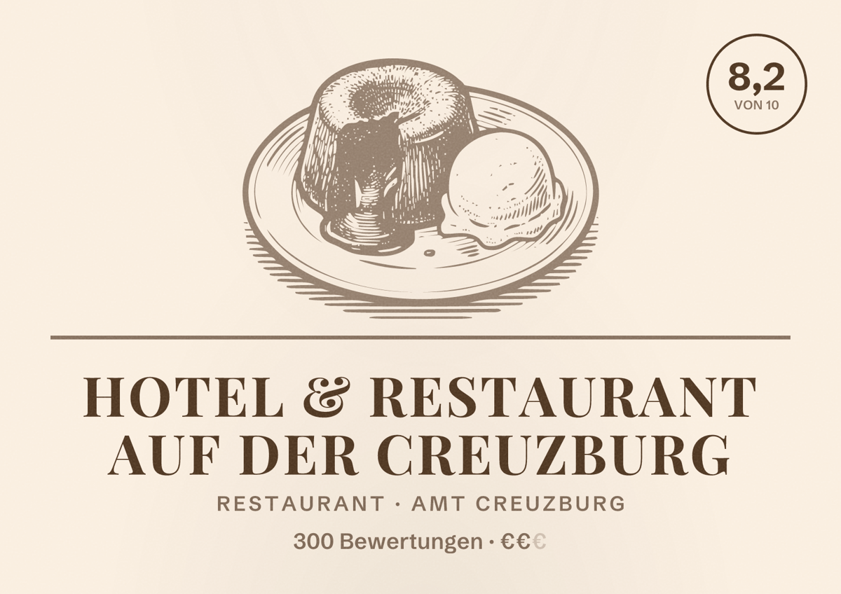 Illustriertes Poster von Hotel & Restaurant Auf der Creuzburg, Restaurant in Amt Creuzburg: Bewertung 8,2 von 10 aus 300 Bewertungen, Preisniveau €€