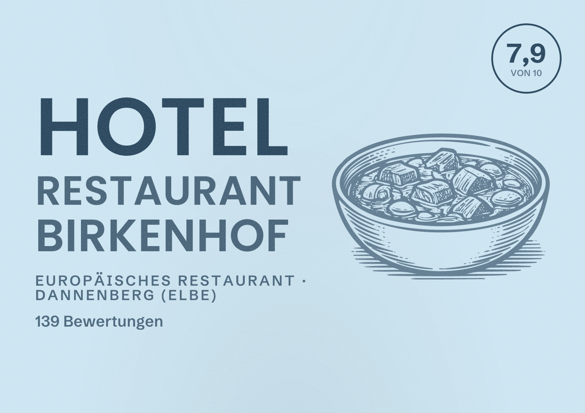 Illustriertes Poster von Hotel Restaurant Birkenhof, Europäisches Restaurant in Dannenberg (Elbe): Bewertung 7,9 von 10 aus 139 Bewertungen