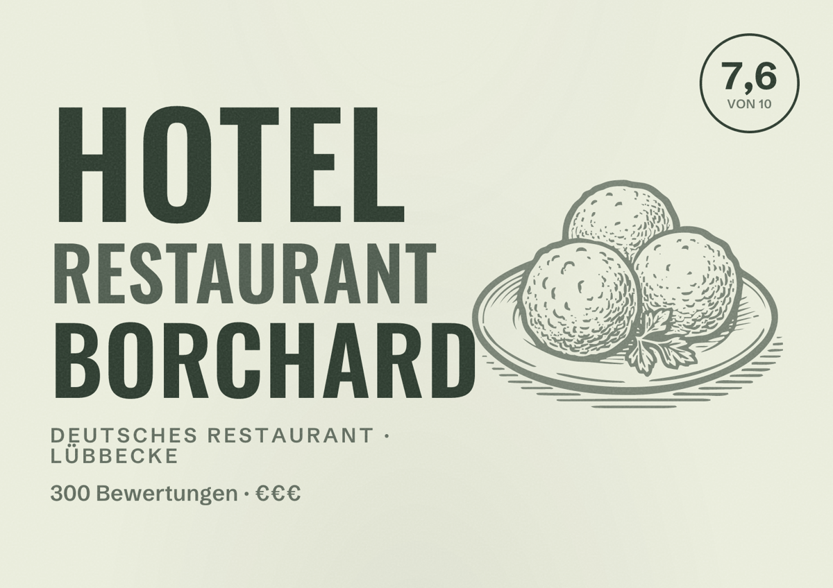 Illustriertes Poster von Hotel Restaurant Borchard, Deutsches Restaurant in Lübbecke: Bewertung 7,6 von 10 aus 300 Bewertungen, Preisniveau €€€