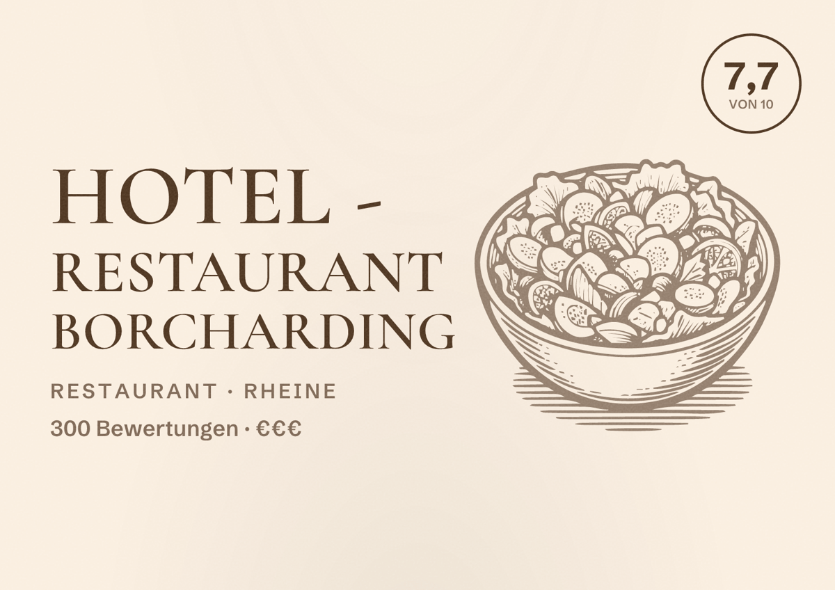 Illustriertes Poster von Hotel - Restaurant Borcharding, Restaurant in Rheine: Bewertung 7,7 von 10 aus 300 Bewertungen, Preisniveau €€€