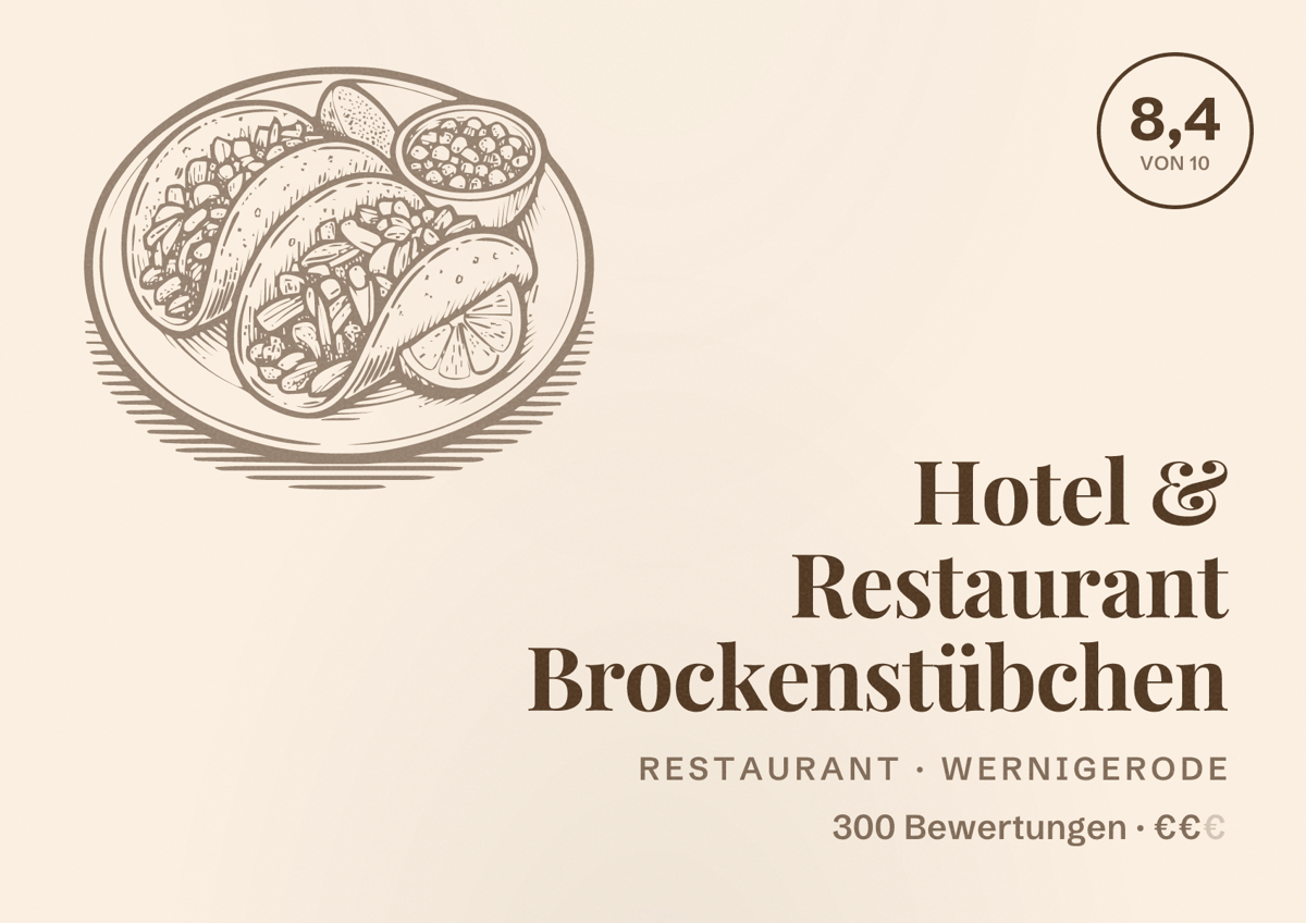 Illustriertes Poster von Hotel & Restaurant Brockenstübchen, Restaurant in Wernigerode: Bewertung 8,4 von 10 aus 300 Bewertungen, Preisniveau €€