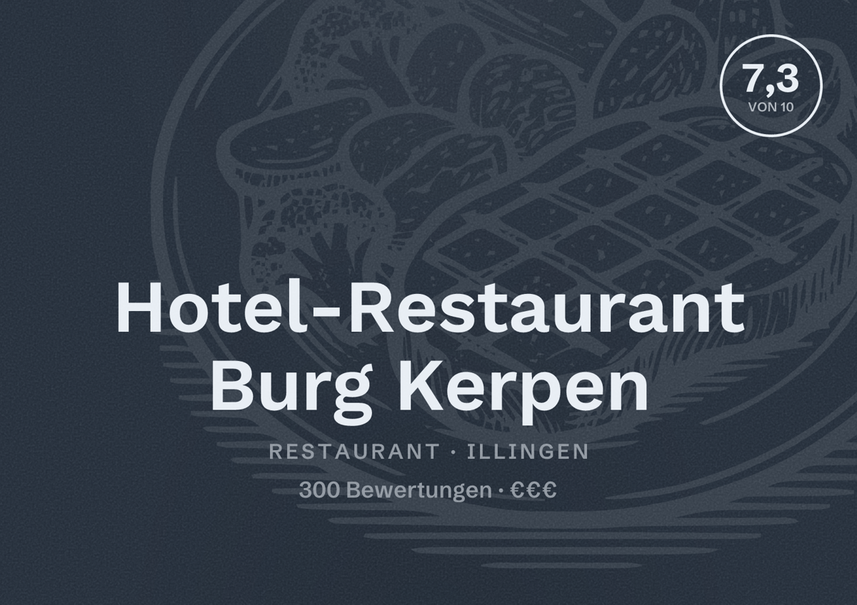 Illustriertes Poster von Hotel-Restaurant Burg Kerpen, Restaurant in Illingen: Bewertung 7,3 von 10 aus 300 Bewertungen, Preisniveau €€€