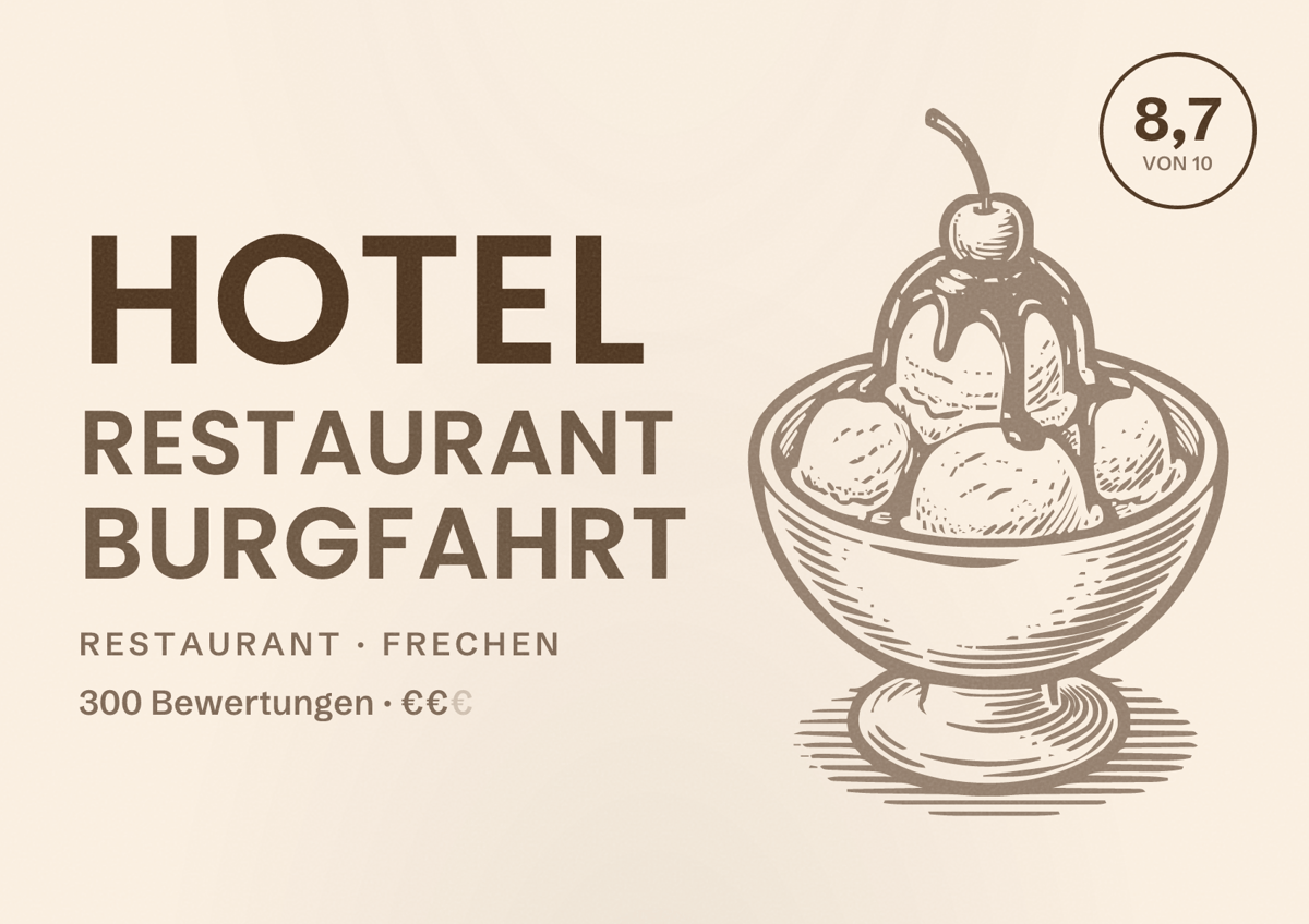 Illustriertes Poster von Hotel Restaurant Burgfahrt, Restaurant in Frechen: Bewertung 8,7 von 10 aus 300 Bewertungen, Preisniveau €€