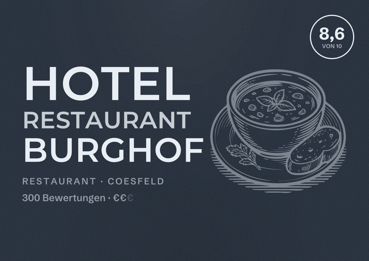 Illustriertes Poster von Hotel Restaurant Burghof, Restaurant in Coesfeld: Bewertung 8,6 von 10 aus 300 Bewertungen, Preisniveau €€