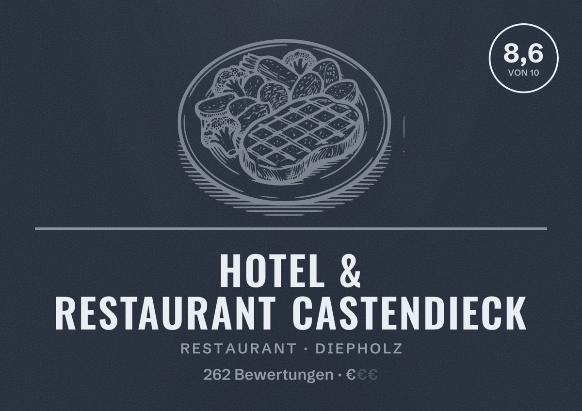 Illustriertes Poster von Hotel & Restaurant Castendieck, Restaurant in Diepholz: Bewertung 8,6 von 10 aus 262 Bewertungen, Preisniveau €