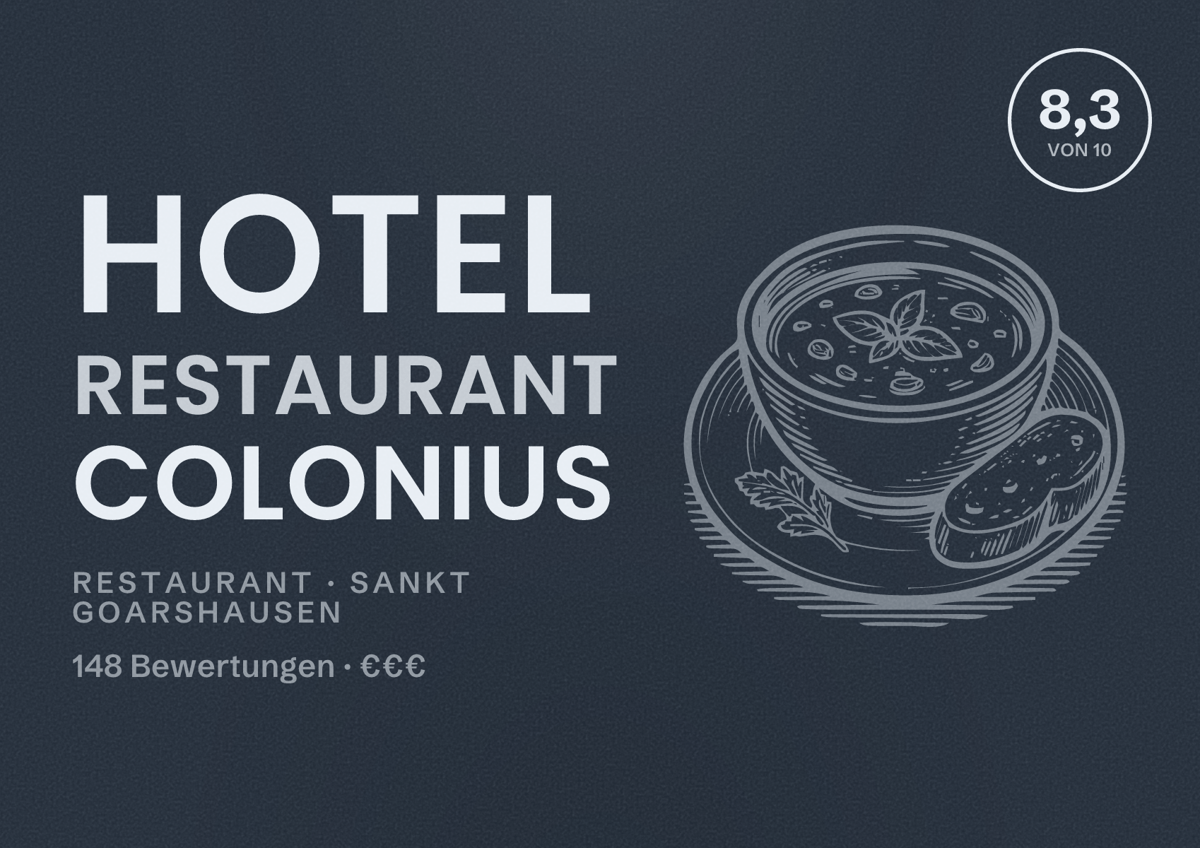Illustriertes Poster von Hotel Restaurant Colonius, Restaurant in Sankt Goarshausen: Bewertung 8,3 von 10 aus 148 Bewertungen, Preisniveau €€€