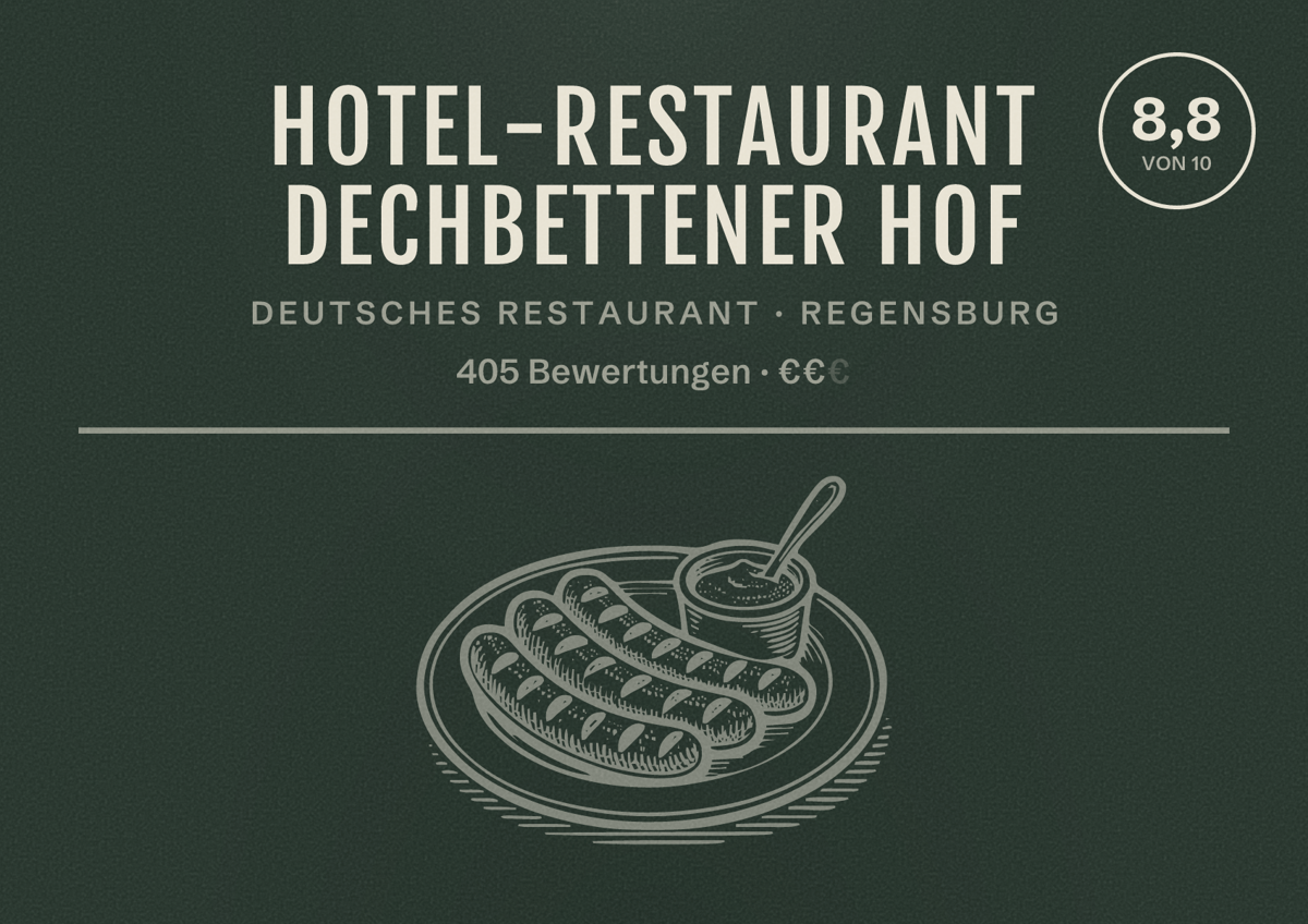 Illustriertes Poster von Hotel-Restaurant Dechbettener Hof, Deutsches Restaurant in Regensburg: Bewertung 8,8 von 10 aus 405 Bewertungen, Preisniveau €€