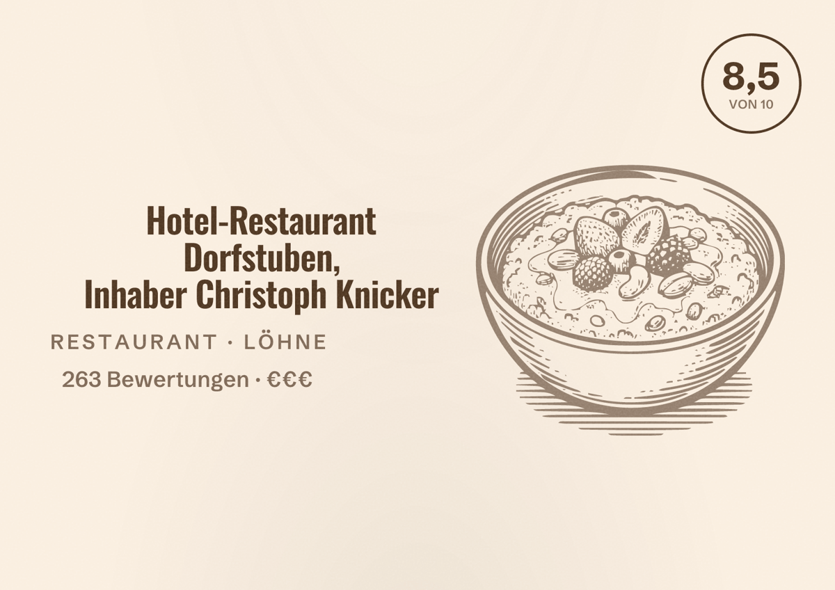 Illustriertes Poster von Hotel-Restaurant Dorfstuben, Inhaber Christoph Knicker, Restaurant in Löhne: Bewertung 8,5 von 10 aus 263 Bewertungen, Preisniveau €€€