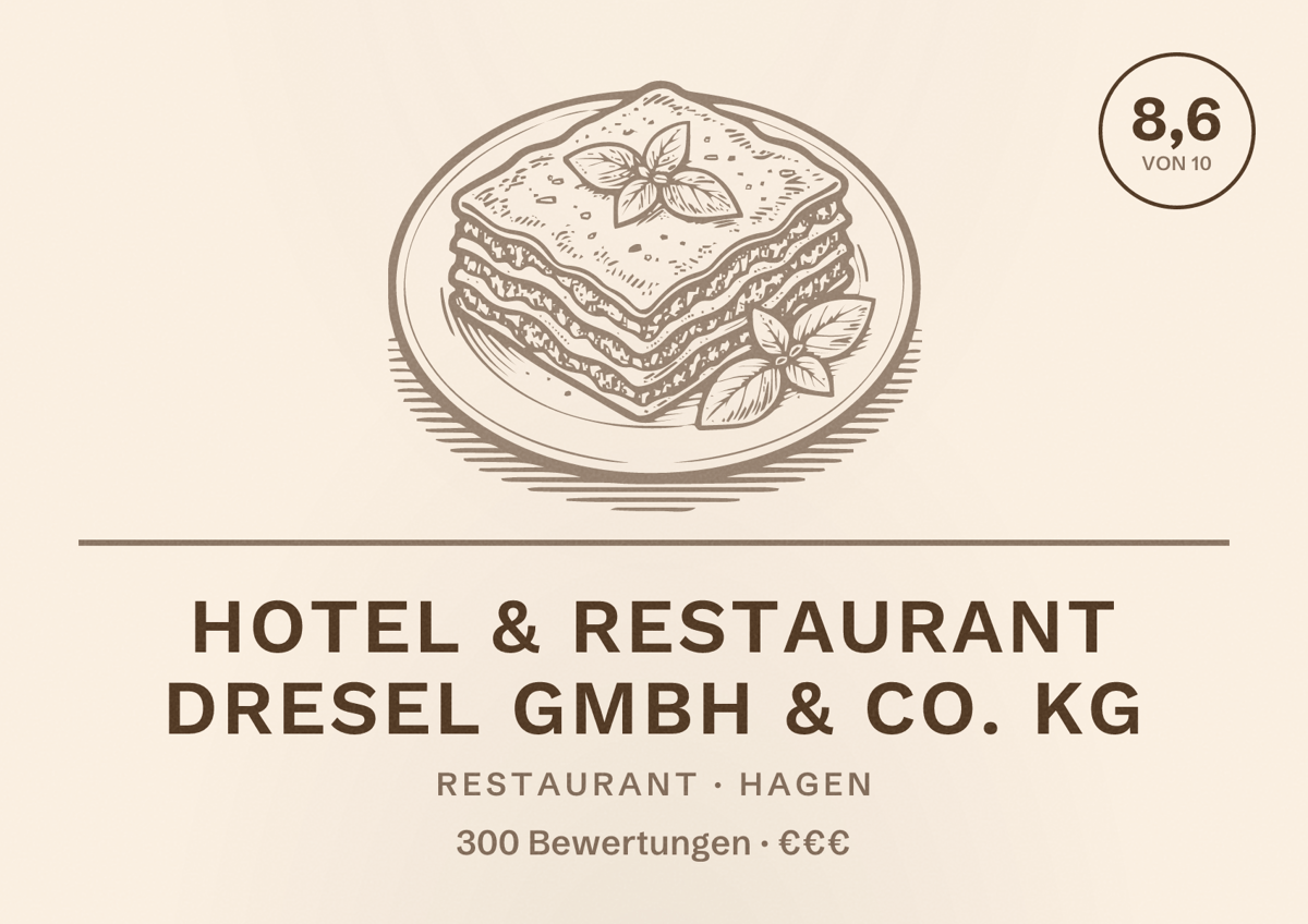 Illustriertes Poster von Hotel & Restaurant Dresel GmbH & Co. KG, Restaurant in Hagen: Bewertung 8,6 von 10 aus 300 Bewertungen, Preisniveau €€€