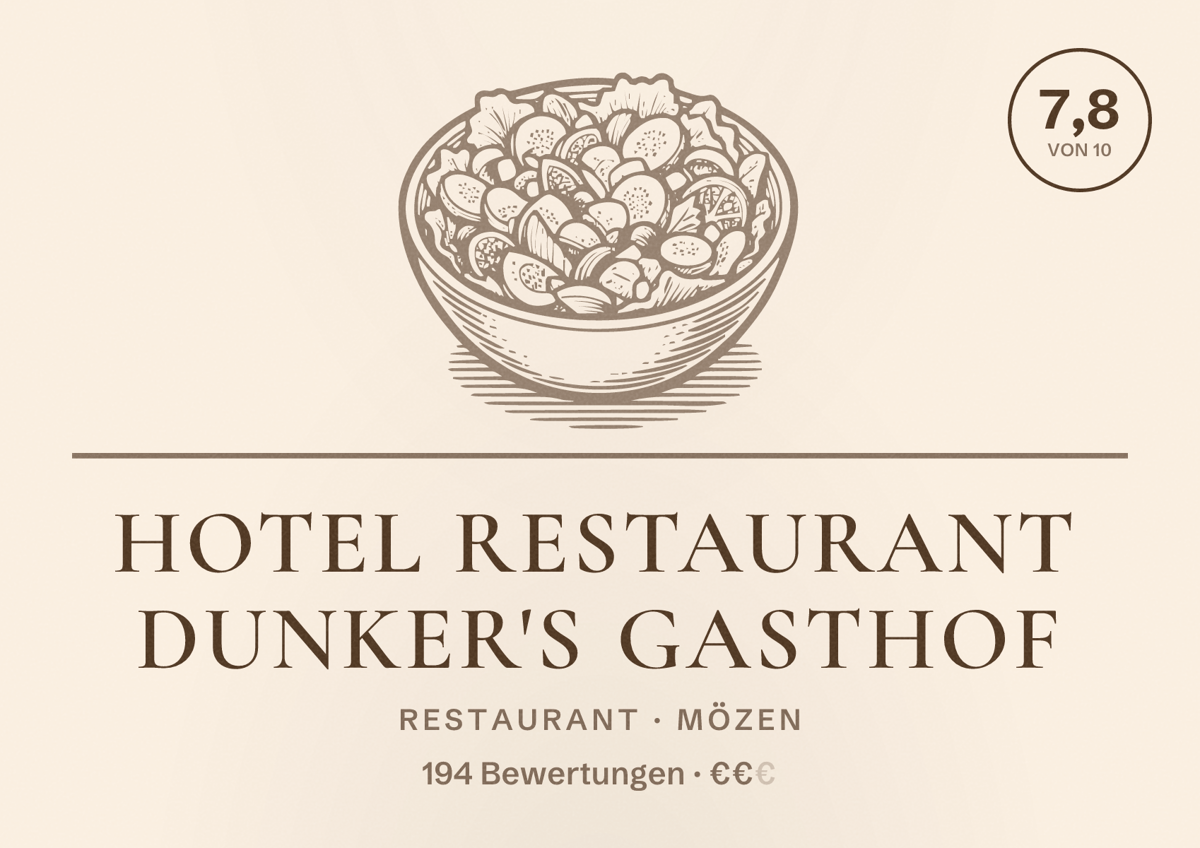 Illustriertes Poster von Hotel Restaurant Dunker's Gasthof, Restaurant in Mözen: Bewertung 7,8 von 10 aus 194 Bewertungen, Preisniveau €€