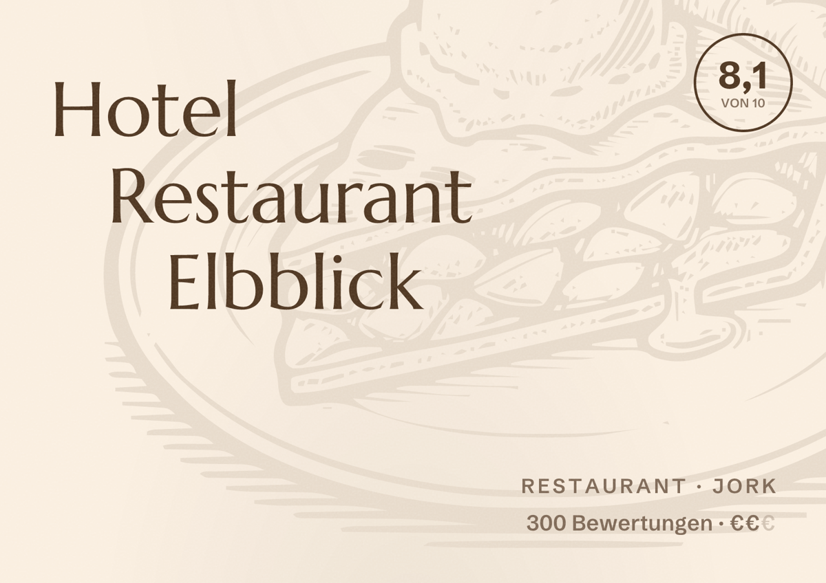 Illustriertes Poster von Hotel Restaurant Elbblick, Restaurant in Jork: Bewertung 8,1 von 10 aus 300 Bewertungen, Preisniveau €€