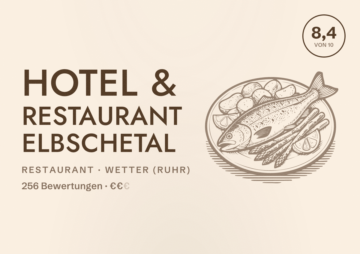 Illustriertes Poster von Hotel & Restaurant Elbschetal, Restaurant in Wetter (Ruhr): Bewertung 8,4 von 10 aus 256 Bewertungen, Preisniveau €€