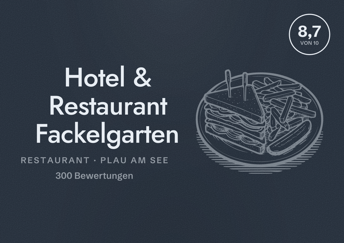 Illustriertes Poster von Hotel & Restaurant Fackelgarten, Restaurant in Plau am See: Bewertung 8,7 von 10 aus 300 Bewertungen