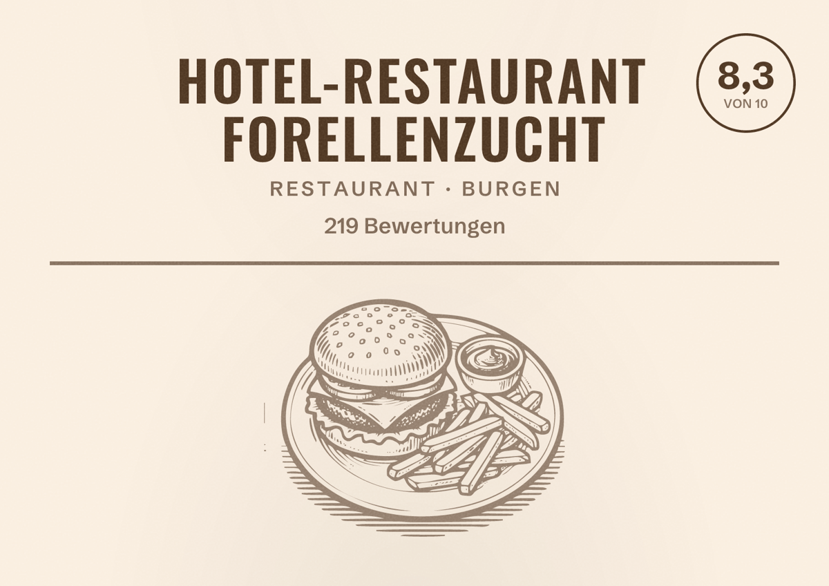 Illustriertes Poster von Hotel-Restaurant Forellenzucht, Restaurant in Burgen: Bewertung 8,3 von 10 aus 219 Bewertungen