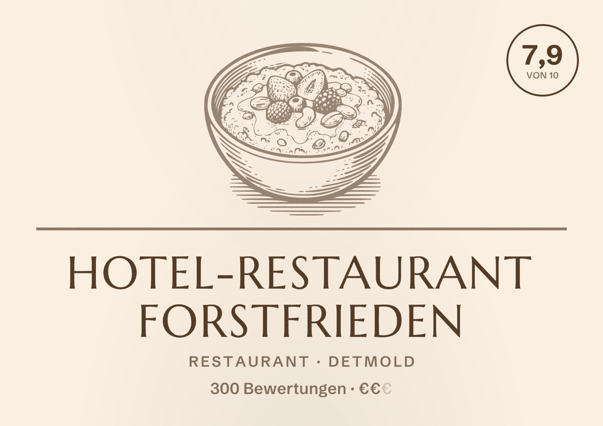 Illustriertes Poster von Hotel-Restaurant Forstfrieden, Restaurant in Detmold: Bewertung 7,9 von 10 aus 300 Bewertungen, Preisniveau €€