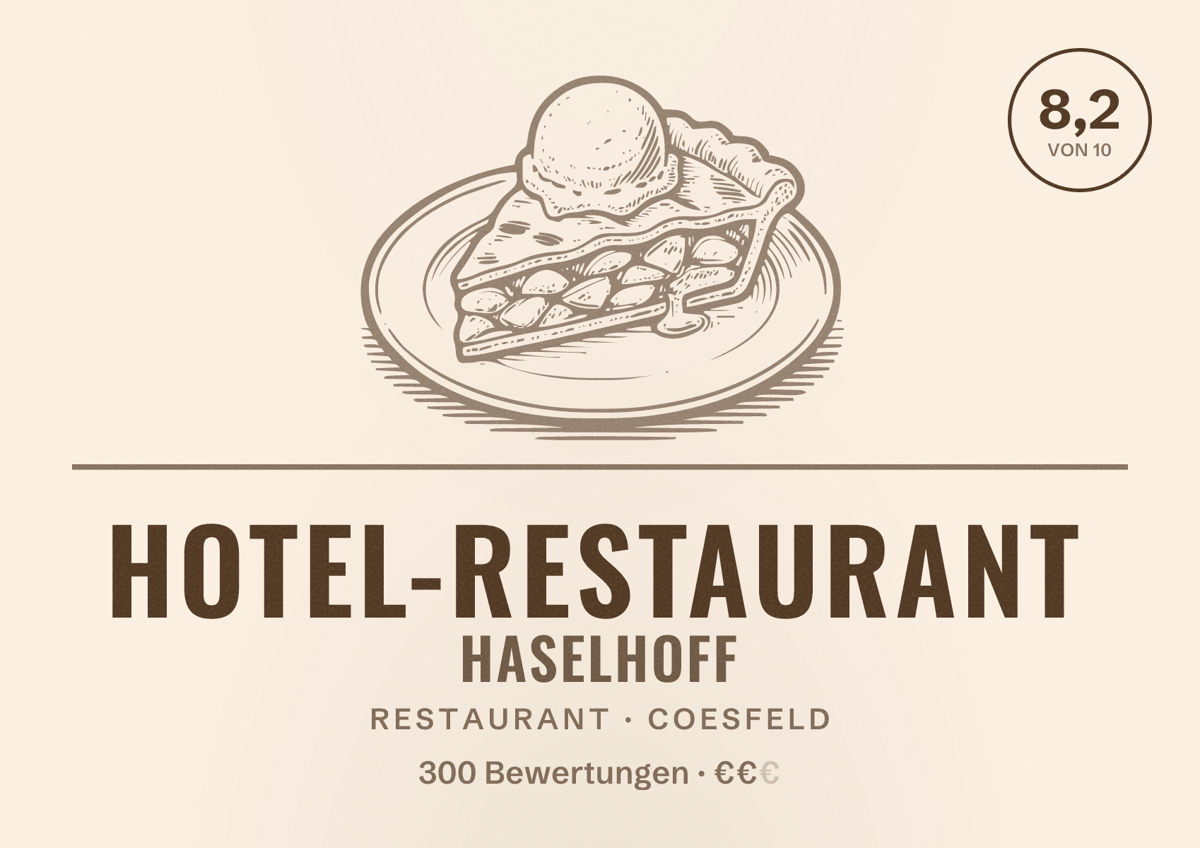 Illustriertes Poster von Hotel-Restaurant Haselhoff, Restaurant in Coesfeld: Bewertung 8,2 von 10 aus 300 Bewertungen, Preisniveau €€