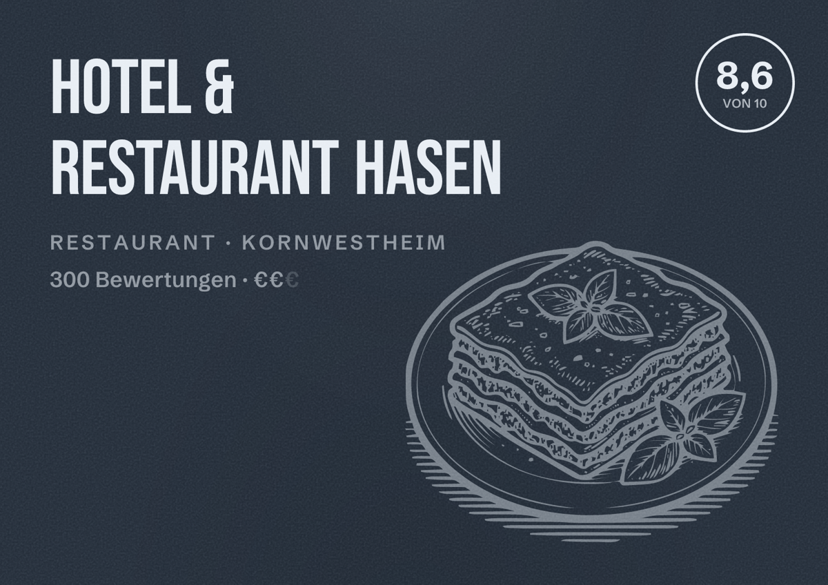 Illustriertes Poster von Hotel & Restaurant Hasen, Restaurant in Kornwestheim: Bewertung 8,6 von 10 aus 300 Bewertungen, Preisniveau €€