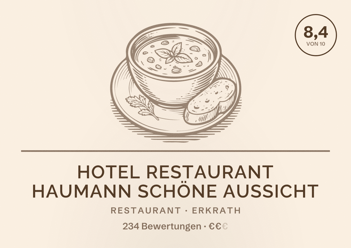 Illustriertes Poster von Hotel Restaurant Haumann Schöne Aussicht, Restaurant in Erkrath: Bewertung 8,4 von 10 aus 234 Bewertungen, Preisniveau €€