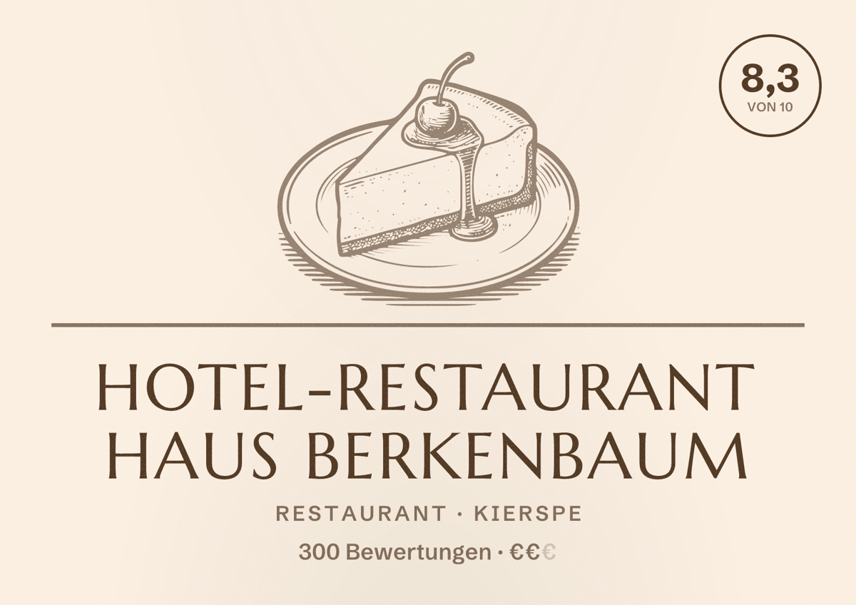 Illustriertes Poster von Hotel-Restaurant Haus Berkenbaum, Restaurant in Kierspe: Bewertung 8,3 von 10 aus 300 Bewertungen, Preisniveau €€