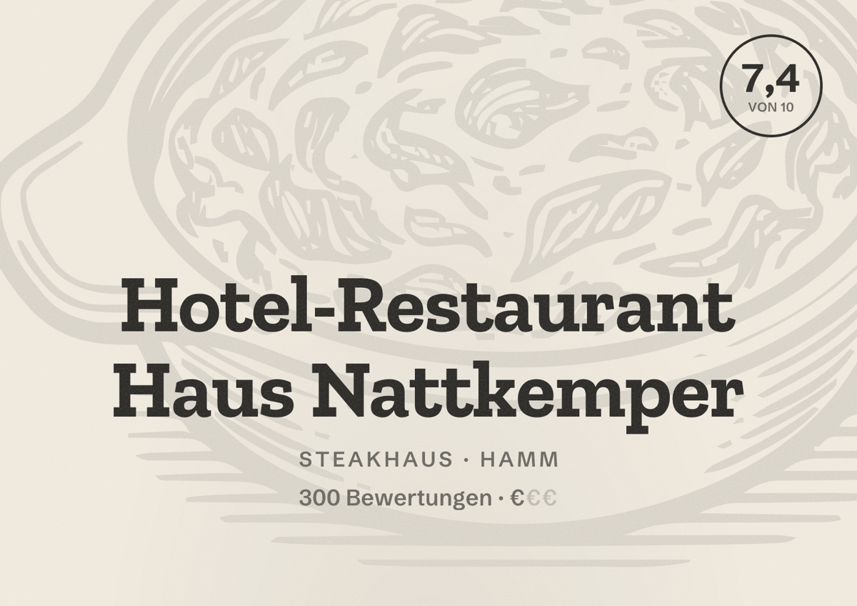 Illustriertes Poster von Hotel-Restaurant Haus Nattkemper, Steakhaus in Hamm: Bewertung 7,4 von 10 aus 300 Bewertungen, Preisniveau €