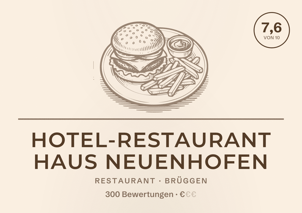 Illustriertes Poster von Hotel-Restaurant Haus Neuenhofen, Restaurant in Brüggen: Bewertung 7,6 von 10 aus 300 Bewertungen, Preisniveau €