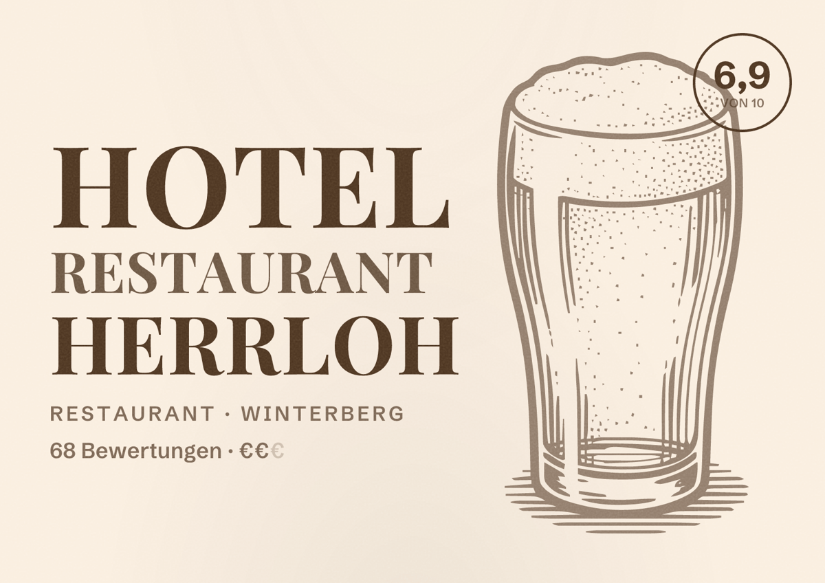Illustriertes Poster von Hotel Restaurant Herrloh, Restaurant in Winterberg: Bewertung 6,9 von 10 aus 68 Bewertungen, Preisniveau €€