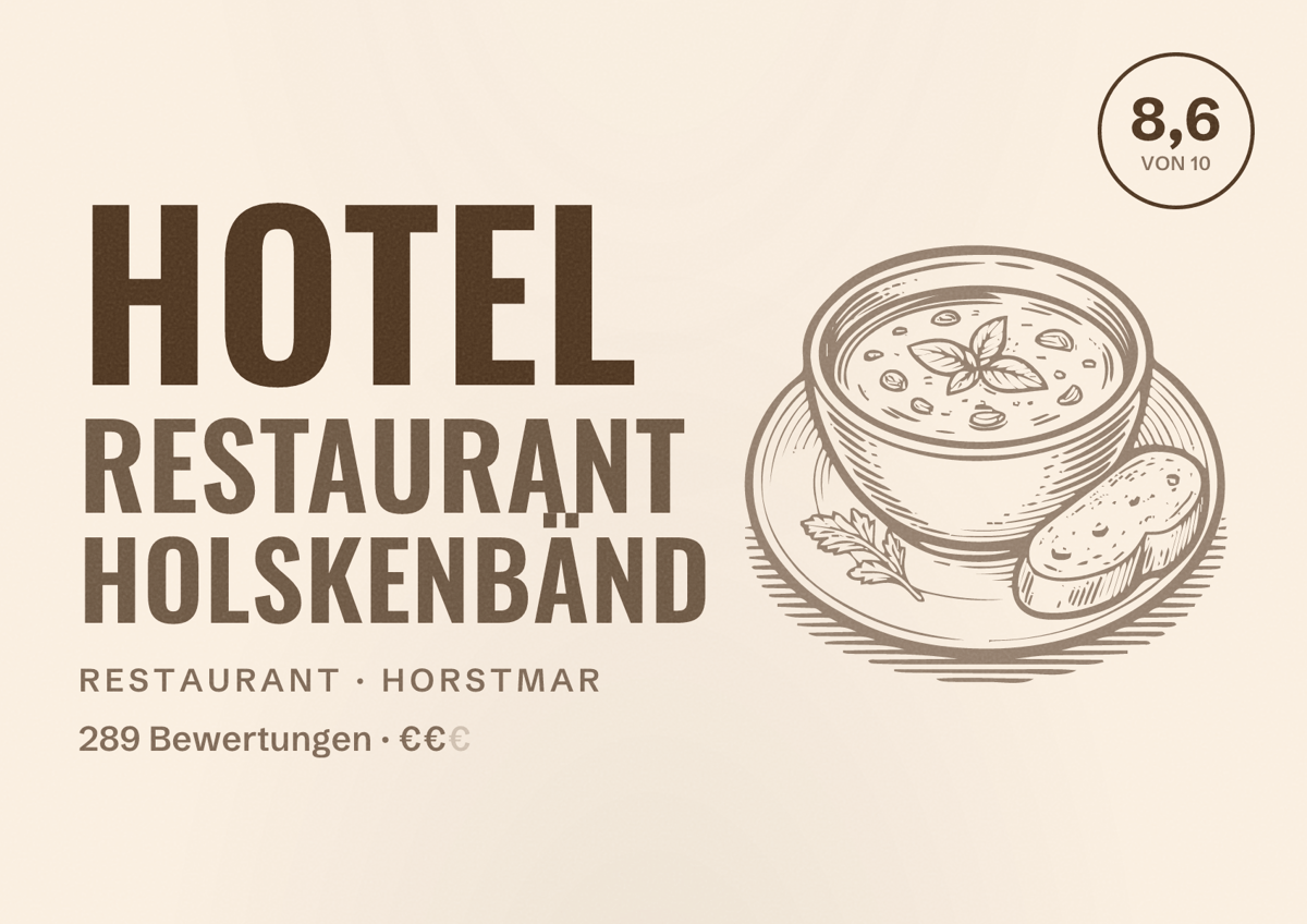 Illustriertes Poster von Hotel Restaurant Holskenbänd, Restaurant in Horstmar: Bewertung 8,6 von 10 aus 289 Bewertungen, Preisniveau €€