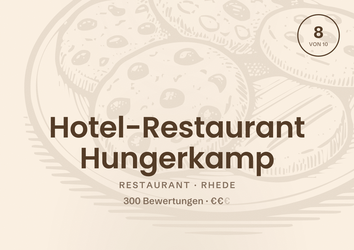Illustriertes Poster von Hotel-Restaurant Hungerkamp, Restaurant in Rhede: Bewertung 8 von 10 aus 300 Bewertungen, Preisniveau €€