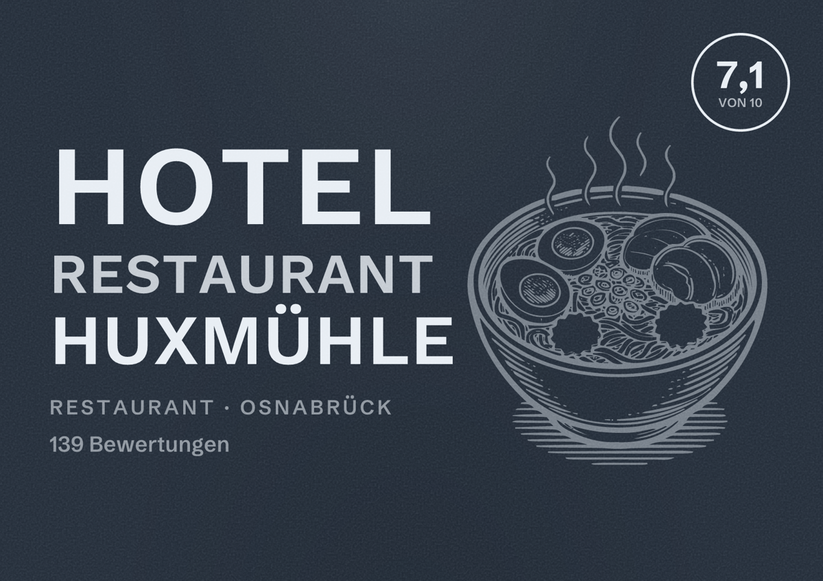 Illustriertes Poster von Hotel Restaurant Huxmühle, Restaurant in Osnabrück: Bewertung 7,1 von 10 aus 139 Bewertungen