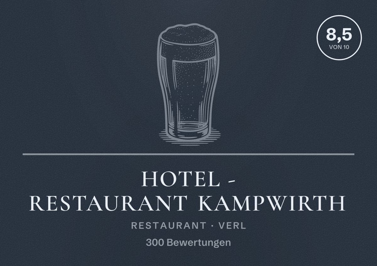 Illustriertes Poster von Hotel - Restaurant Kampwirth, Restaurant in Verl: Bewertung 8,5 von 10 aus 300 Bewertungen