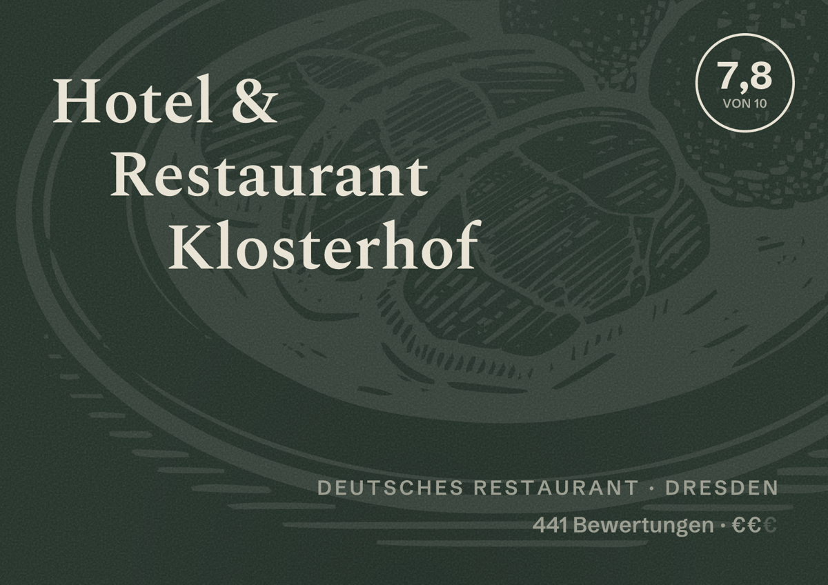 Illustriertes Poster von Hotel & Restaurant Klosterhof, Deutsches Restaurant in Dresden: Bewertung 7,8 von 10 aus 441 Bewertungen, Preisniveau €€