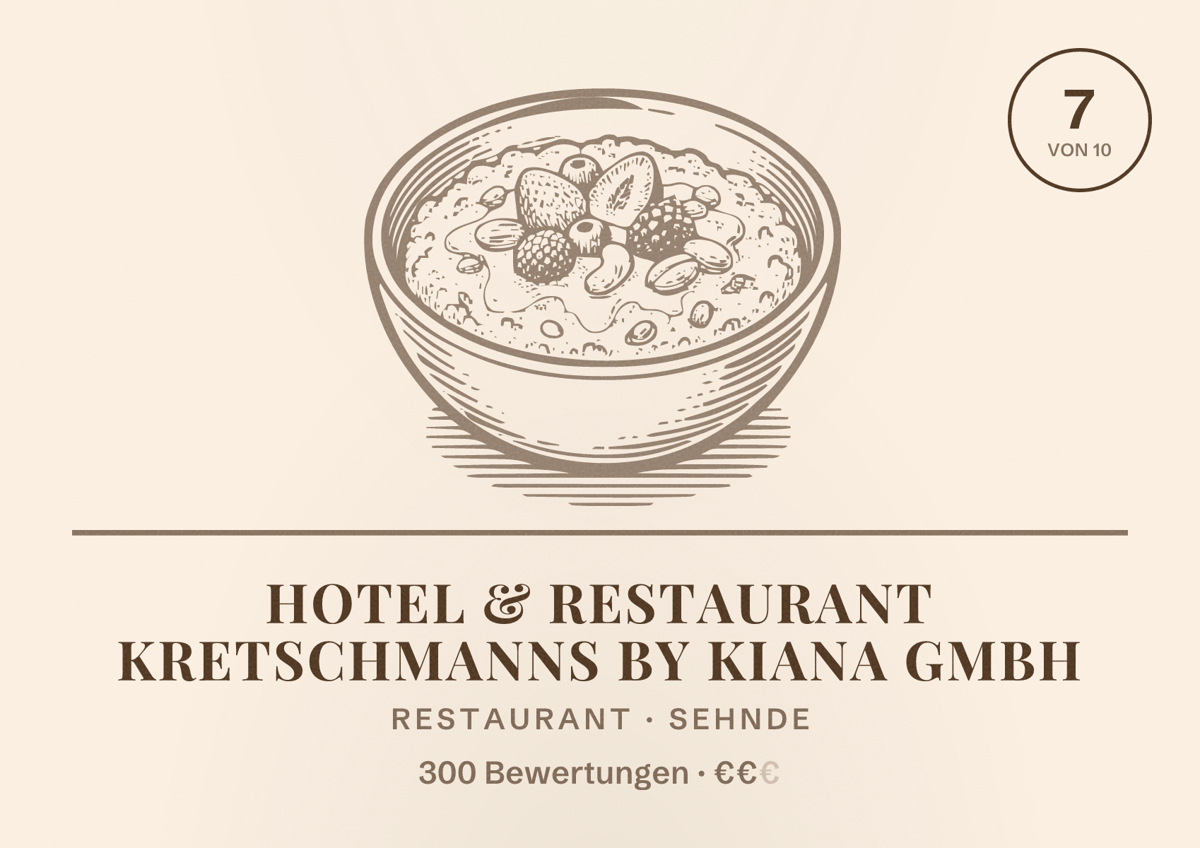 Illustriertes Poster von Hotel & Restaurant Kretschmanns by Kiana GmbH, Restaurant in Sehnde: Bewertung 7 von 10 aus 300 Bewertungen, Preisniveau €€