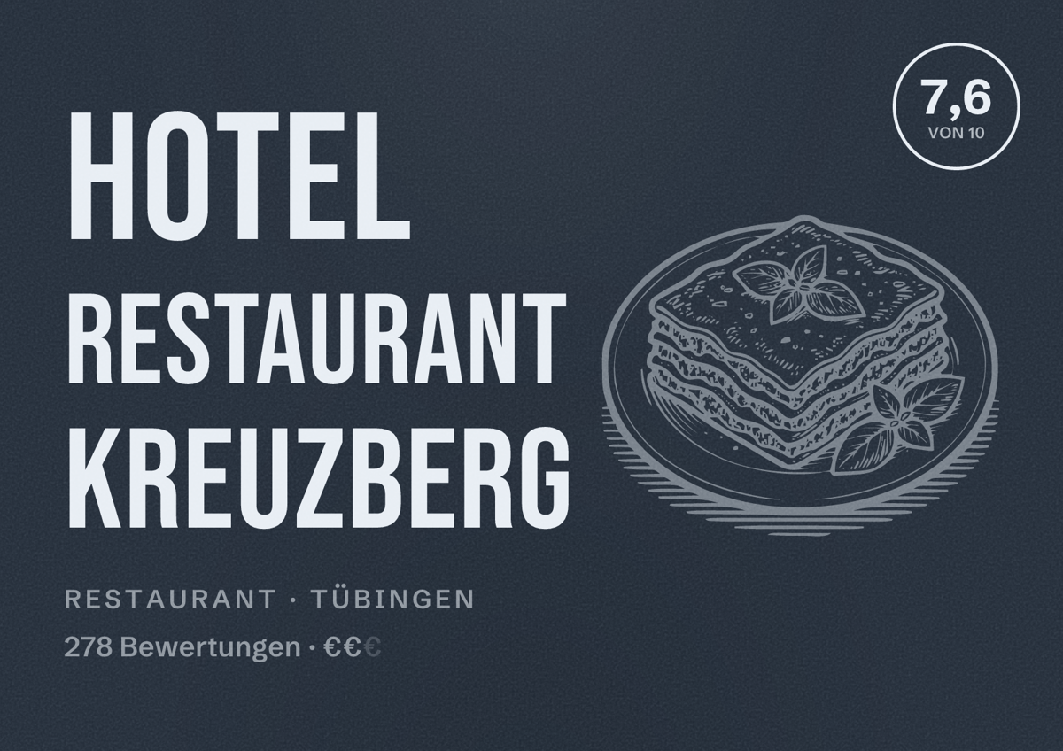 Illustriertes Poster von Hotel Restaurant Kreuzberg, Restaurant in Tübingen: Bewertung 7,6 von 10 aus 278 Bewertungen, Preisniveau €€