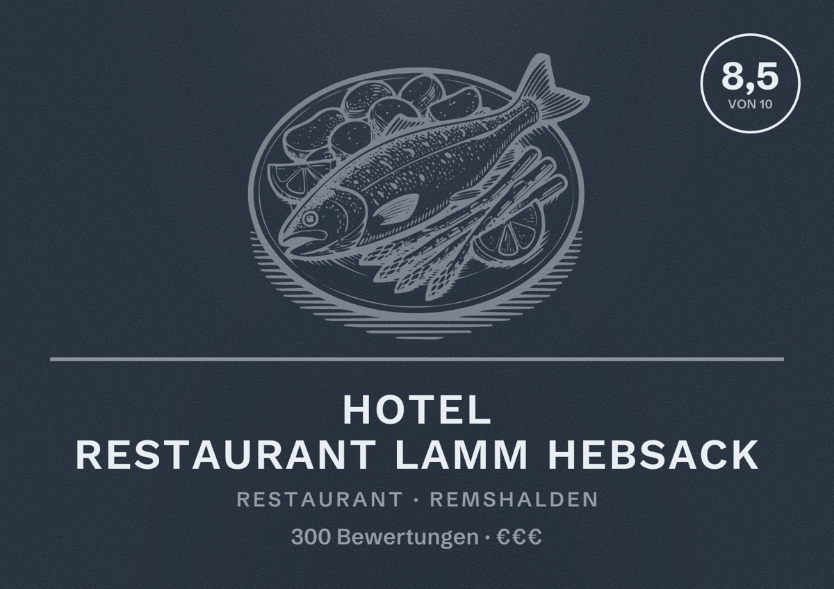 Illustriertes Poster von Hotel Restaurant Lamm Hebsack, Restaurant in Remshalden: Bewertung 8,5 von 10 aus 300 Bewertungen, Preisniveau €€€
