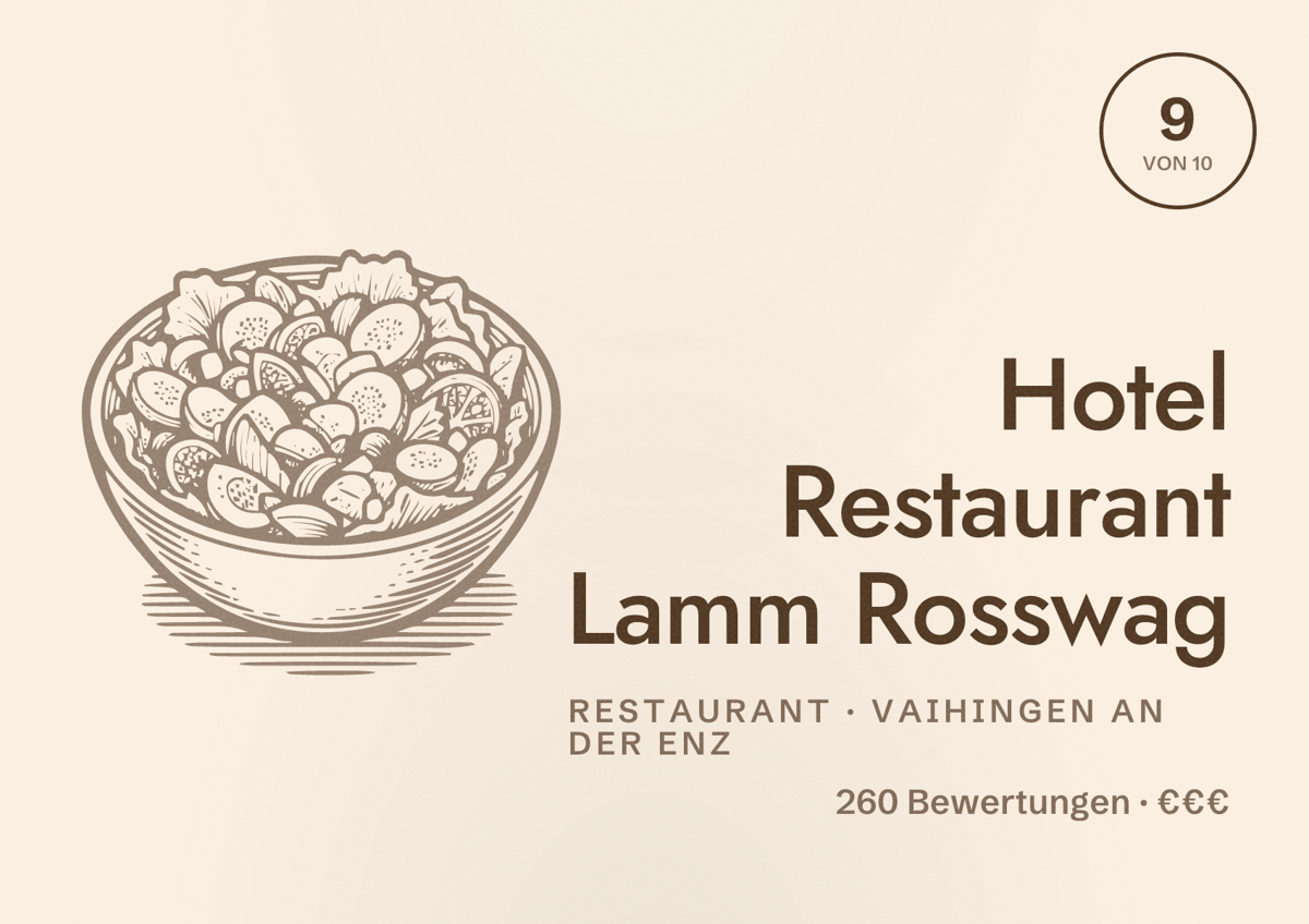 Illustriertes Poster von Hotel Restaurant Lamm Rosswag, Restaurant in Vaihingen an der Enz: Bewertung 9 von 10 aus 260 Bewertungen, Preisniveau €€€