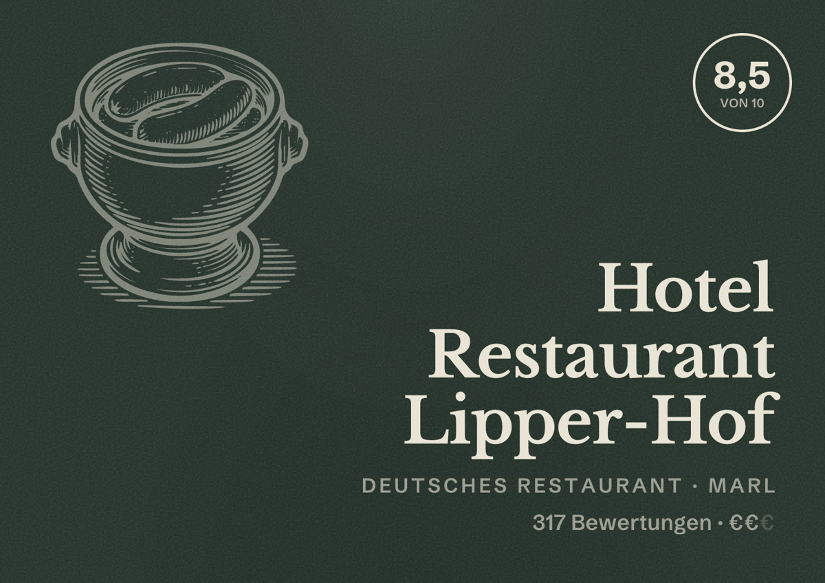 Illustriertes Poster von Hotel Restaurant Lipper-Hof, Deutsches Restaurant in Marl: Bewertung 8,5 von 10 aus 317 Bewertungen, Preisniveau €€