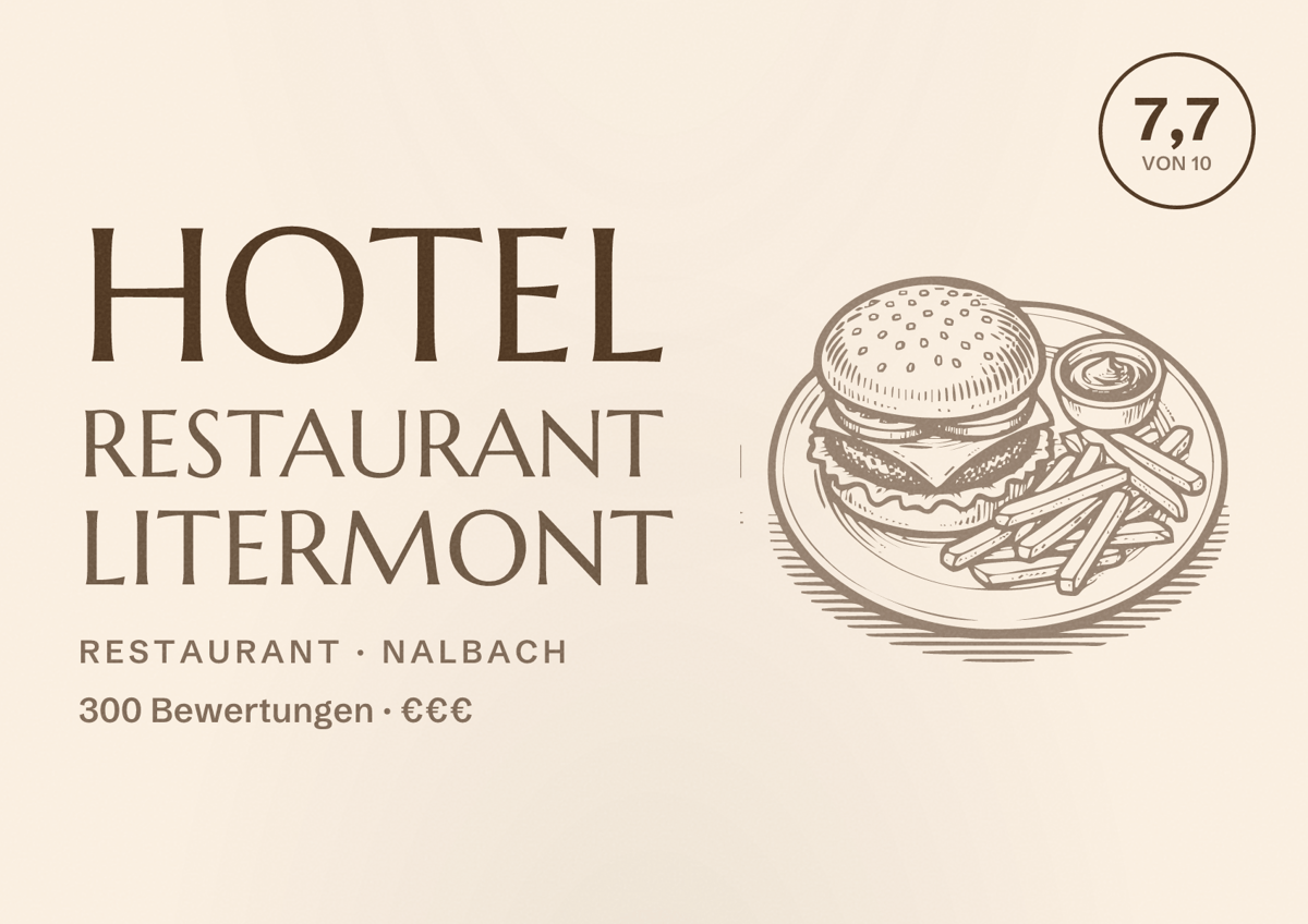 Illustriertes Poster von Hotel Restaurant Litermont, Restaurant in Nalbach: Bewertung 7,7 von 10 aus 300 Bewertungen, Preisniveau €€€